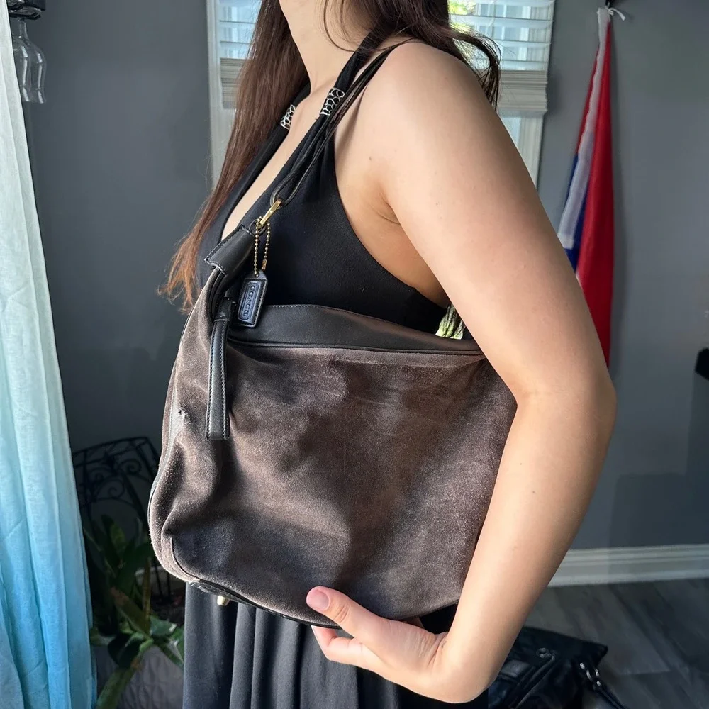 Vintage Coach Brown amanda Suede Leather Trim Hobo Shoulder Bag Purse rare